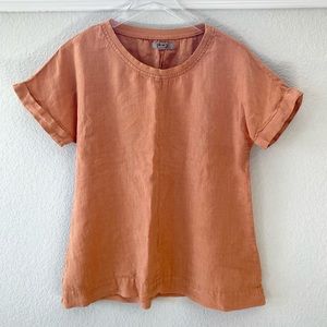FLAX 100% Linen Roll Sleeve Boho Top Burnt Orange